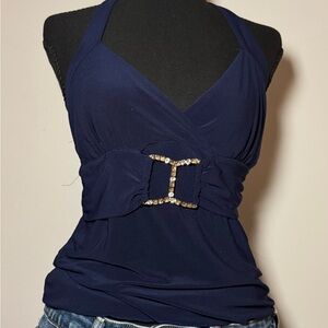SOLD - Body Central Navy Halter Tank with Rhinestone Buckle